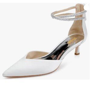 miss left White Sparkly Rhinestone Ankle Strap Pumps Low Heel Pointed Toe Shoes